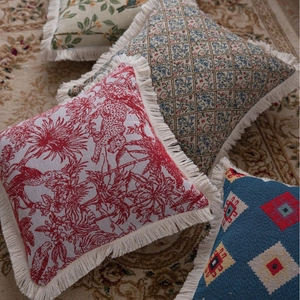Vintage jacquard sofa cushion covers with fringe tassels and various floral patterns