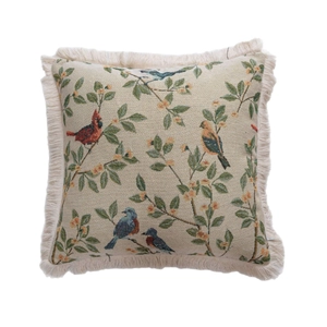 Square tapestry cushion cover with vintage bird floral pattern and fringe trim