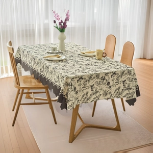 French Cream Style Rectangular Tablecloth Waterproof Oilproof Scalloped Border Polyester Floral Print Dining Table Cover