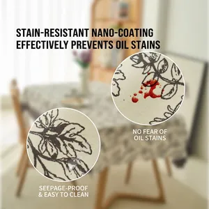 Waterproof cream tablecloth with black leaf pattern and stain-resistant nano coating