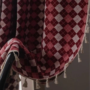 Retro Ethnic Cotton Blend Jacquard Curtain Red Blue Rhombus Checker Tassel Semi-shading Finished Door Curtain For Living Room Bedroom Home Decor