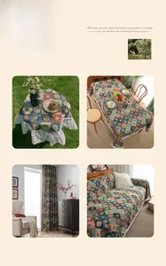 Detail showing vintage colorful geometric jacquard fabric with tassels and floral lace trim