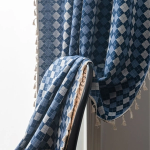 French Jacquard Lattice Curtains Polyester Cotton Semi Blackout Window Drapes With Tassel Trim For Living Room Bedroom Argyle Pattern