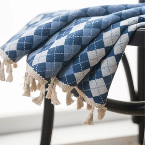 Blue and white argyle patterned jacquard curtain with elegant cream fringe tassels