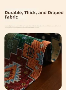 Macro shot of thick jacquard table runner fabric showing geometric patterns and woven texture