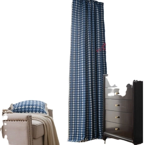 French blue and white harlequin plaid jacquard blackout curtains with matching pillow