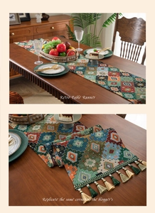 Detail of retro bohemian table runner featuring woven geometric patterns and colorful tassels