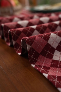 Close-up of American retro red and white checkered jacquard table runner fabric