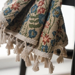 Blue floral jacquard woven curtain with tassel fringe and elegant vintage flower patterns