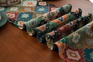 Close-up of Bohemian jacquard table runner with colorful geometric weave and thick fabric