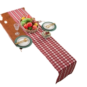 American vintage red and white plaid table runner with jacquard weave and tassels