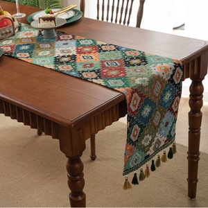 Retro Geometric Rhombus Jacquard Table Runner With Tassels Cotton Polyester Thickened Ethnic Boho Dining Table Decor