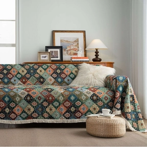 Bohemian Vintage Jacquard Sofa Cover Throw Blanket Thick Polyester Geometric Floral Fringed Tapestry For Living Room Home Decor