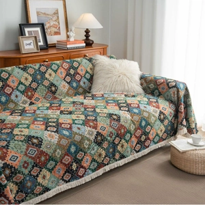 Bohemian geometric jacquard sofa cover blanket with colorful diamond patterns and fringe