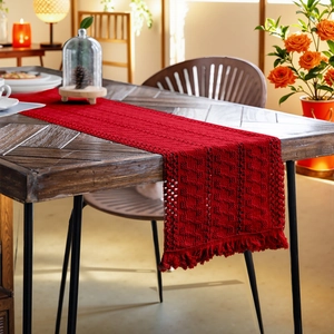 Runner da Tavolo in Stile Nordico Tessuto in Poliestere e Cotone Con Nappine e Motivo Geometrico Traforato per Tavolo da Pranzo Matrimonio Festa Decorazione Casa