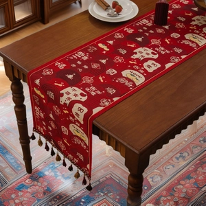 Red Jacquard Table Runner With Tassels Chinese Traditional New Year Auspicious Pattern Festive Wedding Dining Home Decor