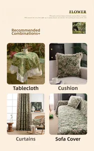 Matching green floral home decor set including tablecloth, pillow, curtain and sofa cover