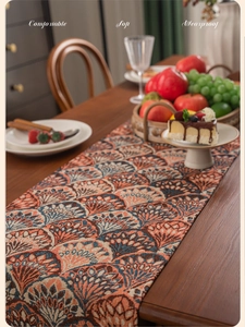 Detail of jacquard table runner with retro shell pattern and wearproof fabric texture