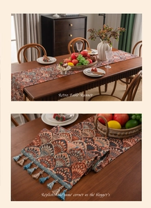 Detailed macro view of retro jacquard table runner with fringe and peacock feather pattern