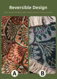Détail de la housse de canapé jacquard double face avec motifs de forêt et franges