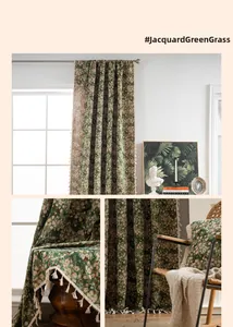 Detailed view of jacquard floral curtains in forest green with elegant beige tassel fringe