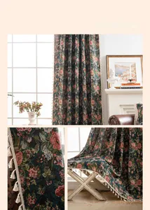 Detailed view of dark green jacquard curtain fabric with pink peonies and tassel trim