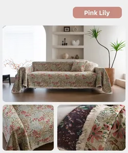 Close-up of pink lily jacquard fabric and tassel details on a thick sofa cover throw