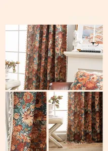 Detailed close-up of retro floral jacquard curtain fabric with cream tassel fringe