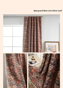Detailaufnahme des blauen Jacquard-Vorhangs mit Ginkgo-Motiv und eleganten beigen Quasten