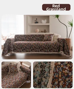 Close-up of floral sofa cover with tassels and matching pillowcase in chenille fabric
