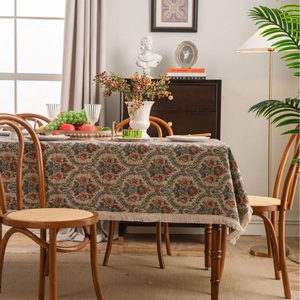 Vintage floral jacquard tablecloth with tassel fringe for rectangular dining tables