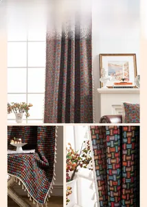 Detail des bunten Jacquard-Webstoffs mit geometrischen Mustern und Fransenquasten