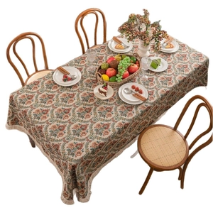 Vintage floral rectangle tablecloth with decorative fringe for a cozy tea time ambiance
