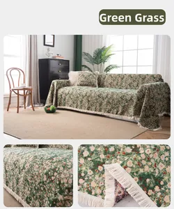 Detail of woven floral texture and cream fringes on Green Grassland sofa throw