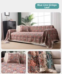 Detailed blue ginkgo leaf pattern chenille sofa cover with fringed edges and pillows
