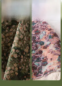 Detail of double-sided woven floral sofa cover with white fringes and texture