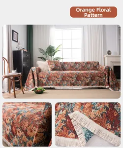 Detailed texture of orange oil painting jacquard sofa cover with fringe edges