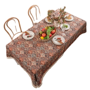 Bohemian jacquard tablecloth with tassel trim featuring retro orange and navy fan patterns
