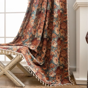 French Vintage Jacquard Floral Curtains With Tassel Semi Blackout Polyester Cotton Drapes For Living Room Bedroom Grommet Rod Pocket