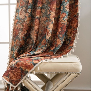 Classic orange jacquard floral curtain with tassel fringe for vintage living room decor