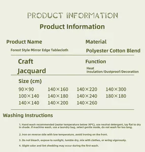 Detailed chart showing jacquard forest green tablecloth specifications and washing tips