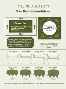 Size guide for jacquard tablecloth showing drop length measurements for round and square tables