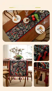 Close-up of jacquard fabric texture and tassel detail on ethnic style table runner