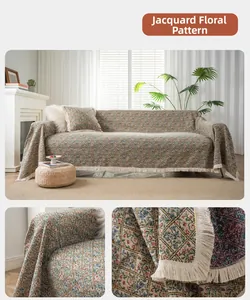 Close-up of jacquard bouquet pattern and elegant fringe edges on thick sofa cover