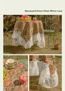Detail showing green ginkgo jacquard pattern and white double-layer lace ruffle edge