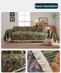 Détails du tissu jacquard vert avec motifs de pissenlits et franges pour jeté de canapé
