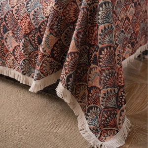 Bohemian style jacquard sofa cover with tassel fringe and fan-shaped patterns