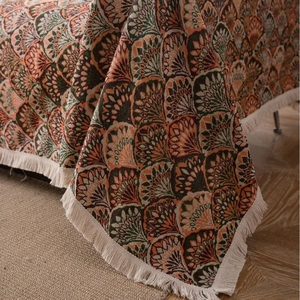 Jeté de canapé jacquard rétro américain avec motifs plumes et bords à franges