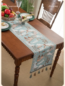 Detail of Chinese table runner featuring embroidered pavilions and mountain landscape scenery