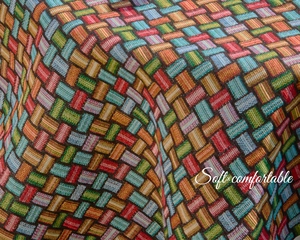 Macro detail of high-density jacquard woven fabric with colorful geometric lattice patterns